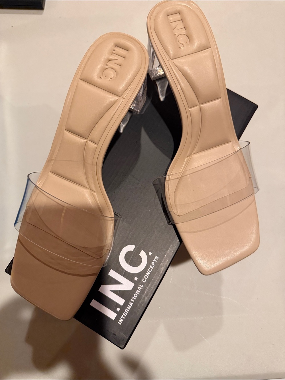 INC International Concepts Beige Clear-Strap Square-Toe Slide Sandals